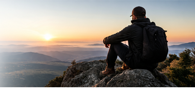 Man sitting on a rock at sunrise