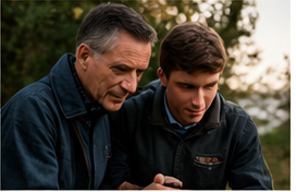 Father and son looking down together